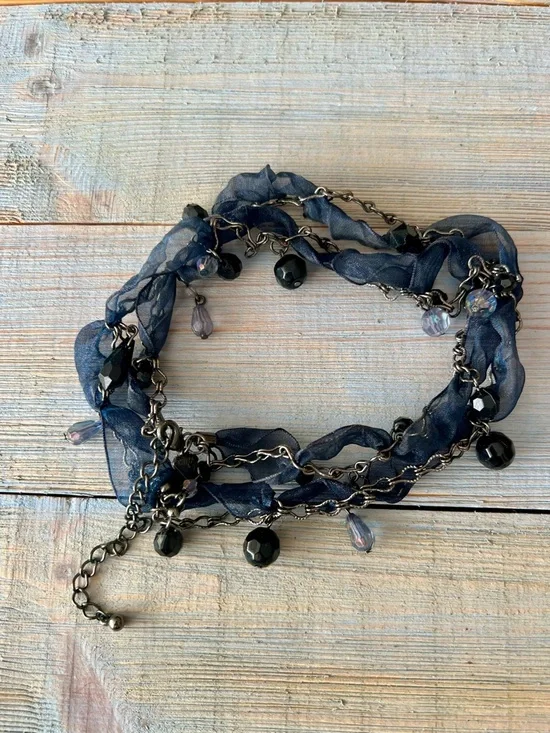 Cookie Lee Navy Ribbon Gunmetal Chain Crystal Dangle Beaded Necklace - Picture 6 of 12